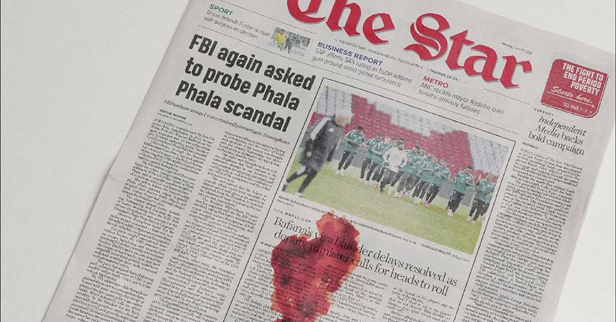 The Star, a local South African newspaper, has a large red blood stain on the front cover