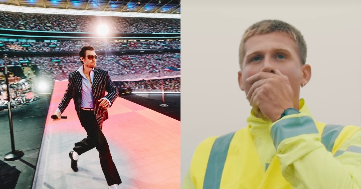 Two photos side by side. On the left is Harry Styles performing on stage at Wembley Stadium. On the right is runner Loz Denis wearing a bright yellow jacket, with his hand over his mouth