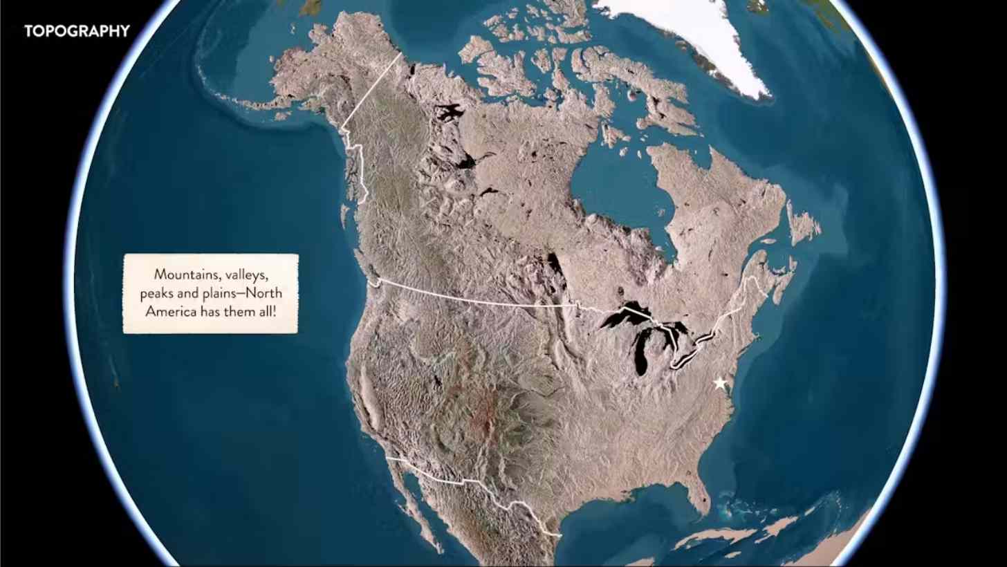 Topographic relief map of North America showing mountains, valleys, plains and other landforms.