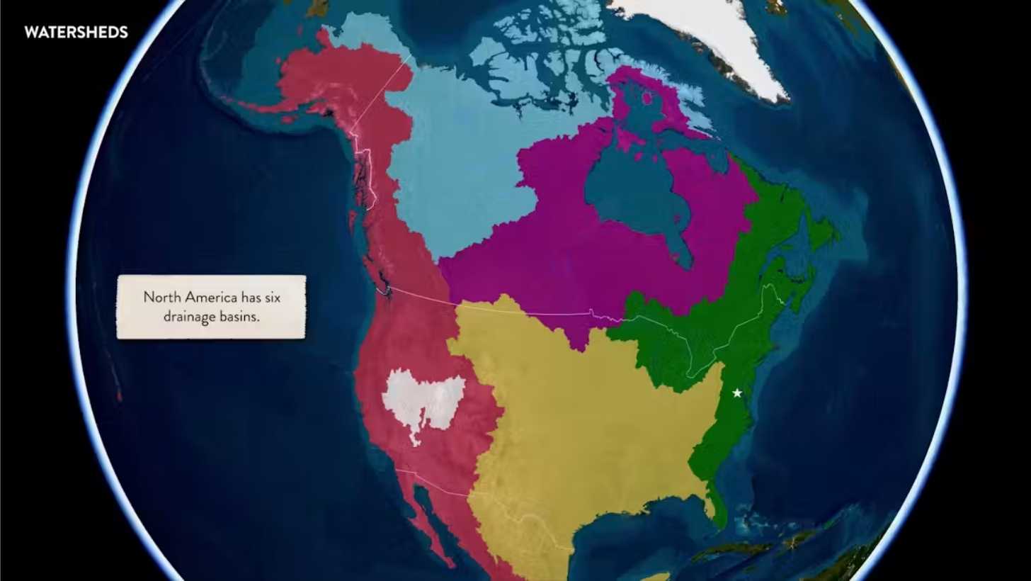 Map of North America divided into major drainage basins, showing how rivers and watersheds extend across state and national boundaries before draining toward different coasts.