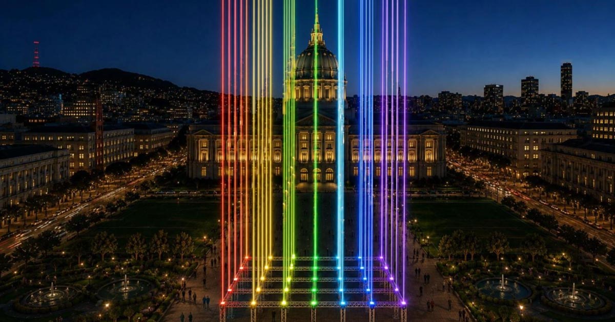 Rainbow lasers beam into the sky in front of San Francisco's Civic Center