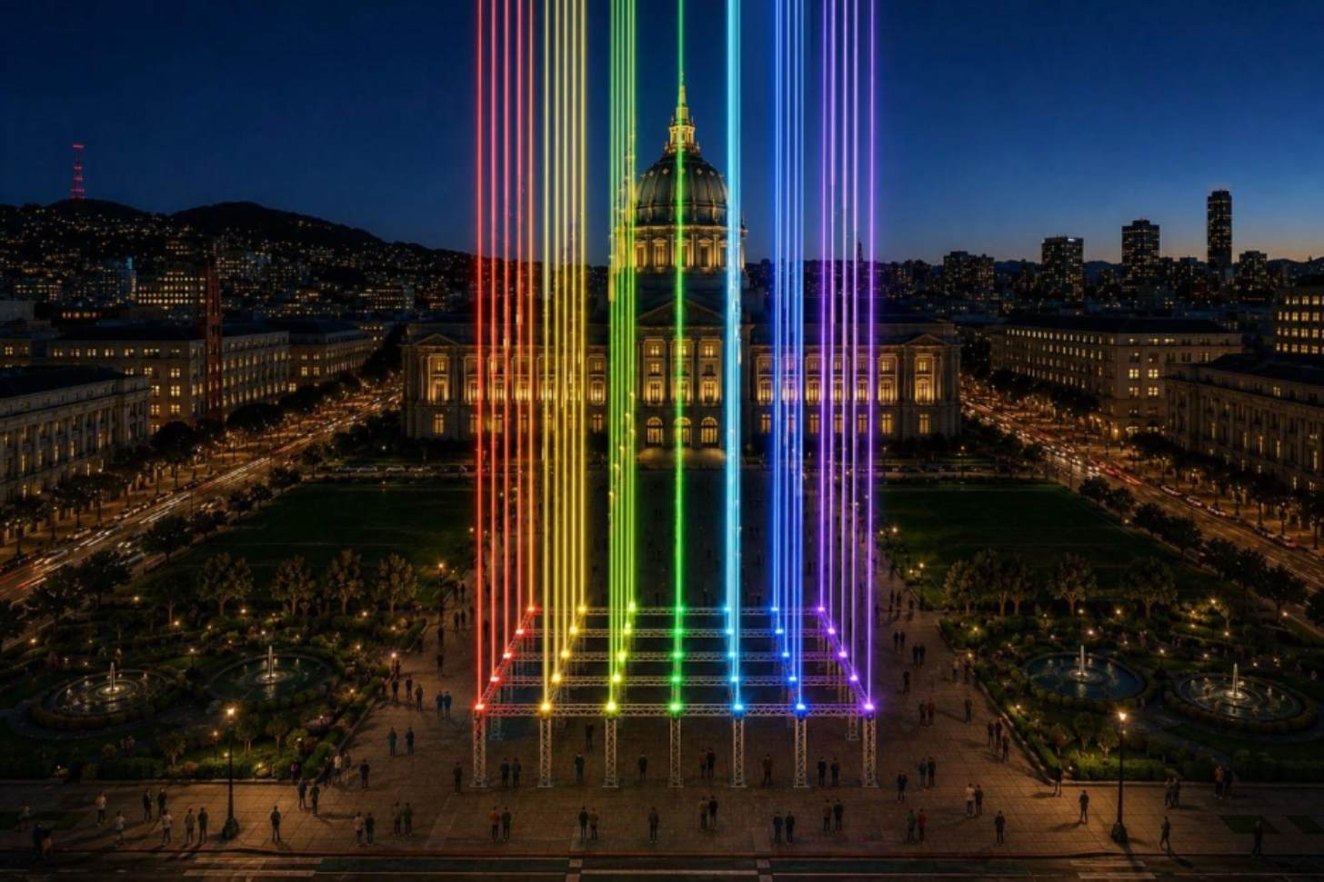 Rainbow lasers beam into the sky in front of San Francisco's Civic Center