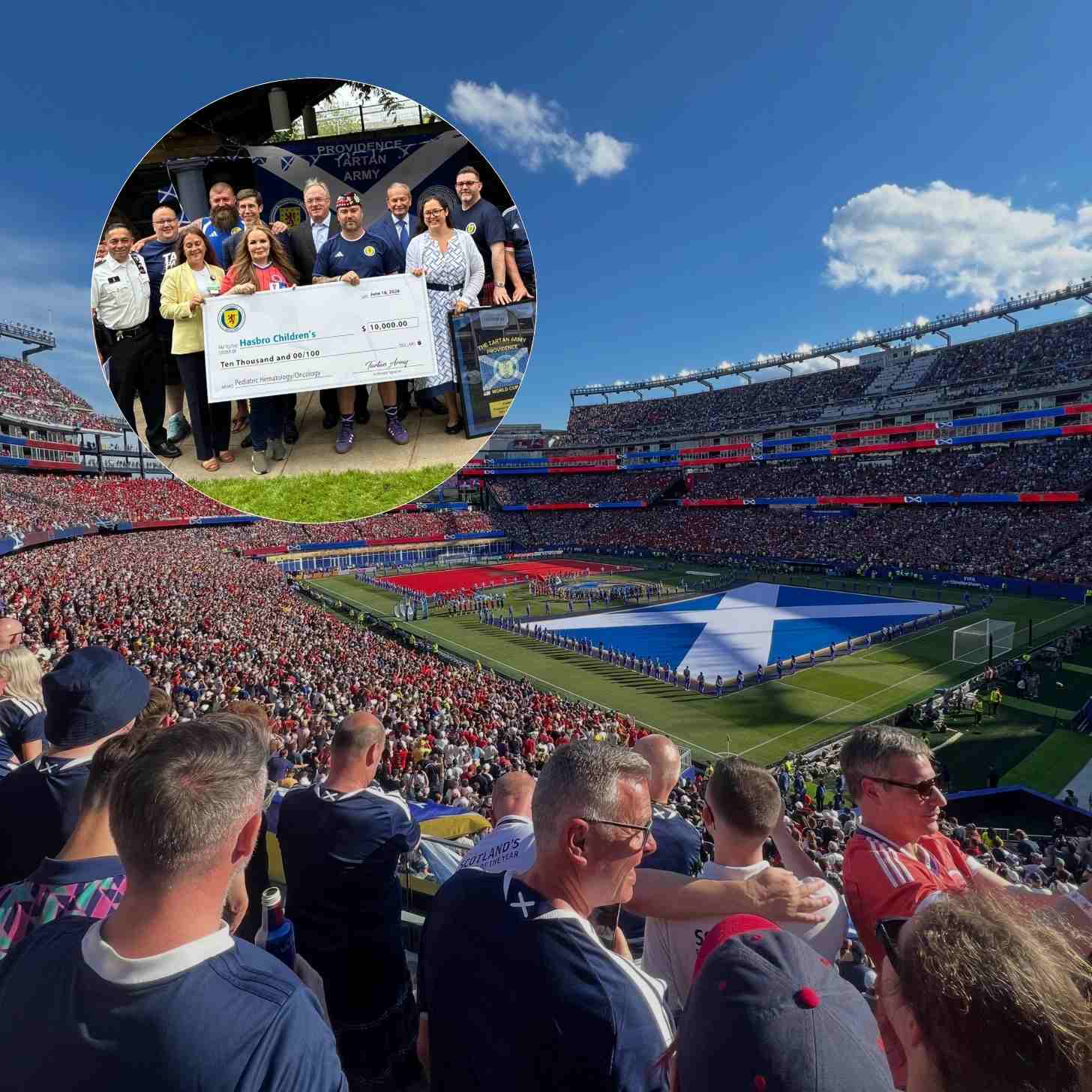 A packed stadium with Scotland's flag spread across the pitch, with an inset photo of fans presenting a giant $10,000 cheque to Hasbro Children's.