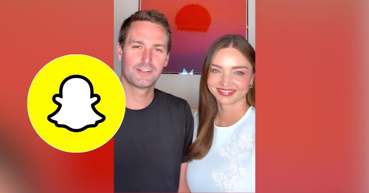 Evan Spiegel and Miranda Kerr smile together, with the Snapchat logo next to them