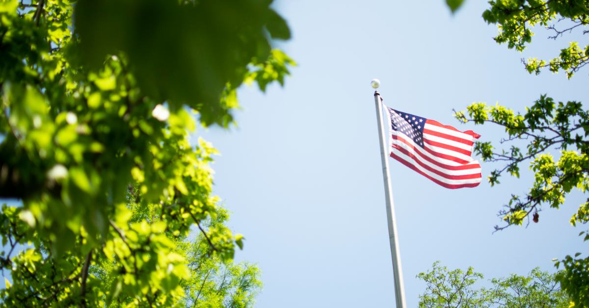 An American flag flies in the sky, with green leafy trees in the foreground