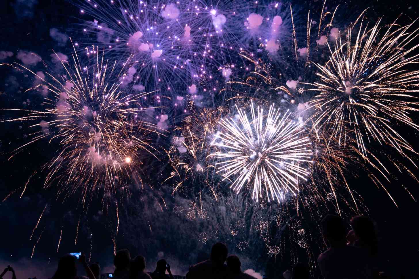 Purple and white fireworks dazzle in the night sky