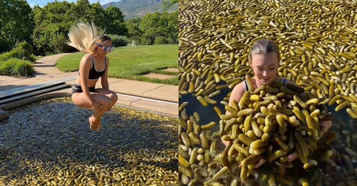 Two side-by-side photos of Serena Neel, a white woman with blond hair, jumping into a swimming pool filled with pickles