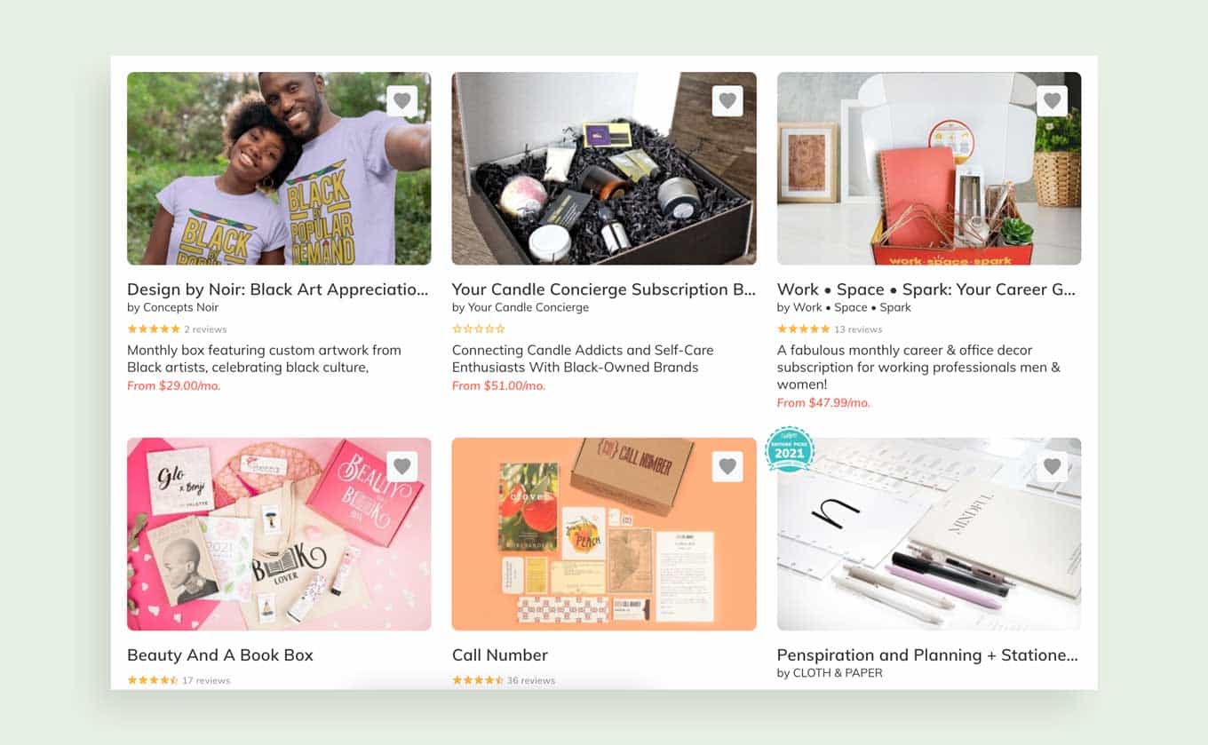 A screenshot from the Cratejoy collection of Black-owned subscription boxes, including Black art, Black-owned candle companies, work and career subscription boxes, and beauty boxes