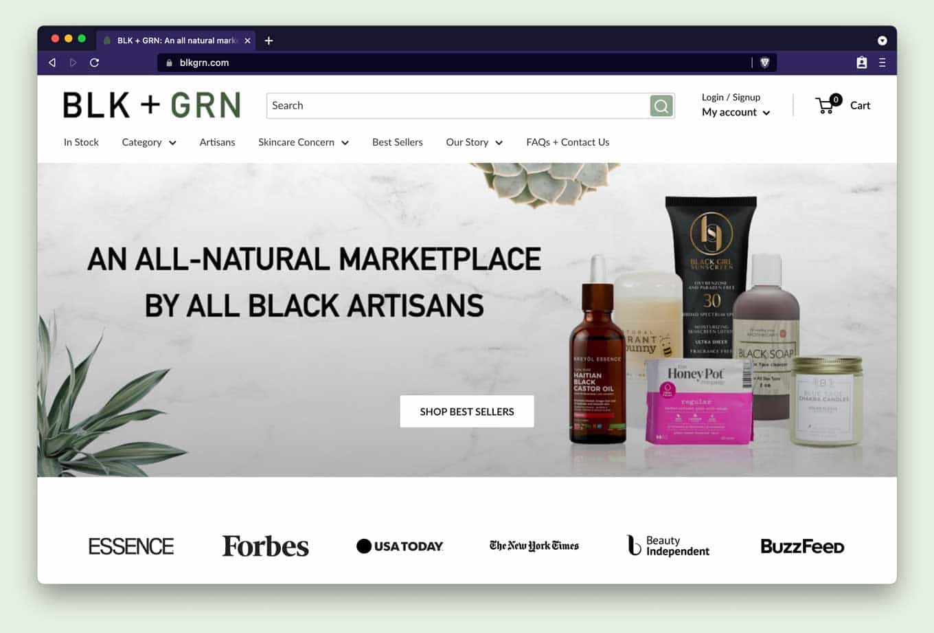 Black + Green website, showcasing the text: An all-natural marketplace by all black artisans" and the logos for Essence, Forbes, USA Today, The New York Times, Beauty Independent, and Buzzfeed