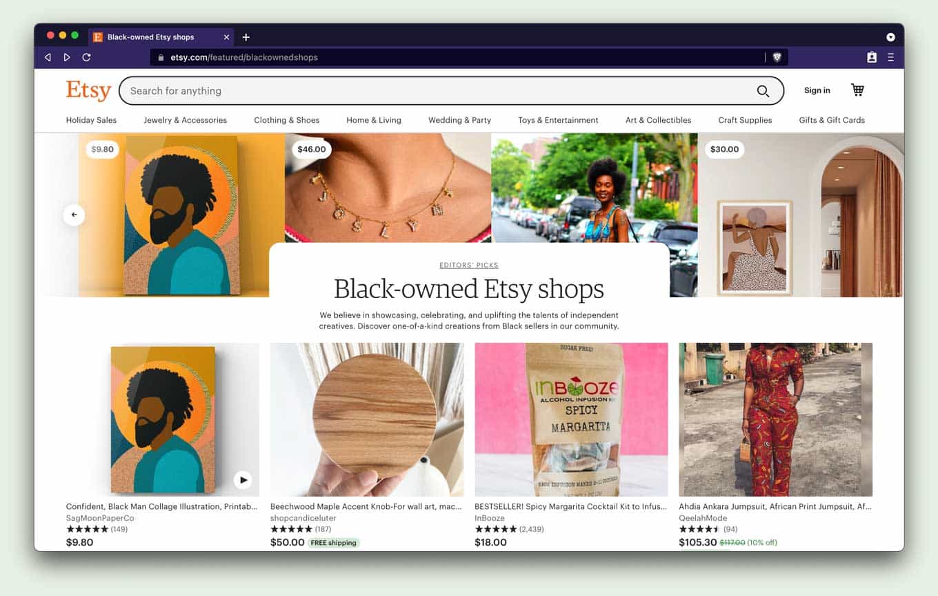 Black-owned Etsy shops - featuring jewelry, art, clothing, wood, snacks, food, and accessories