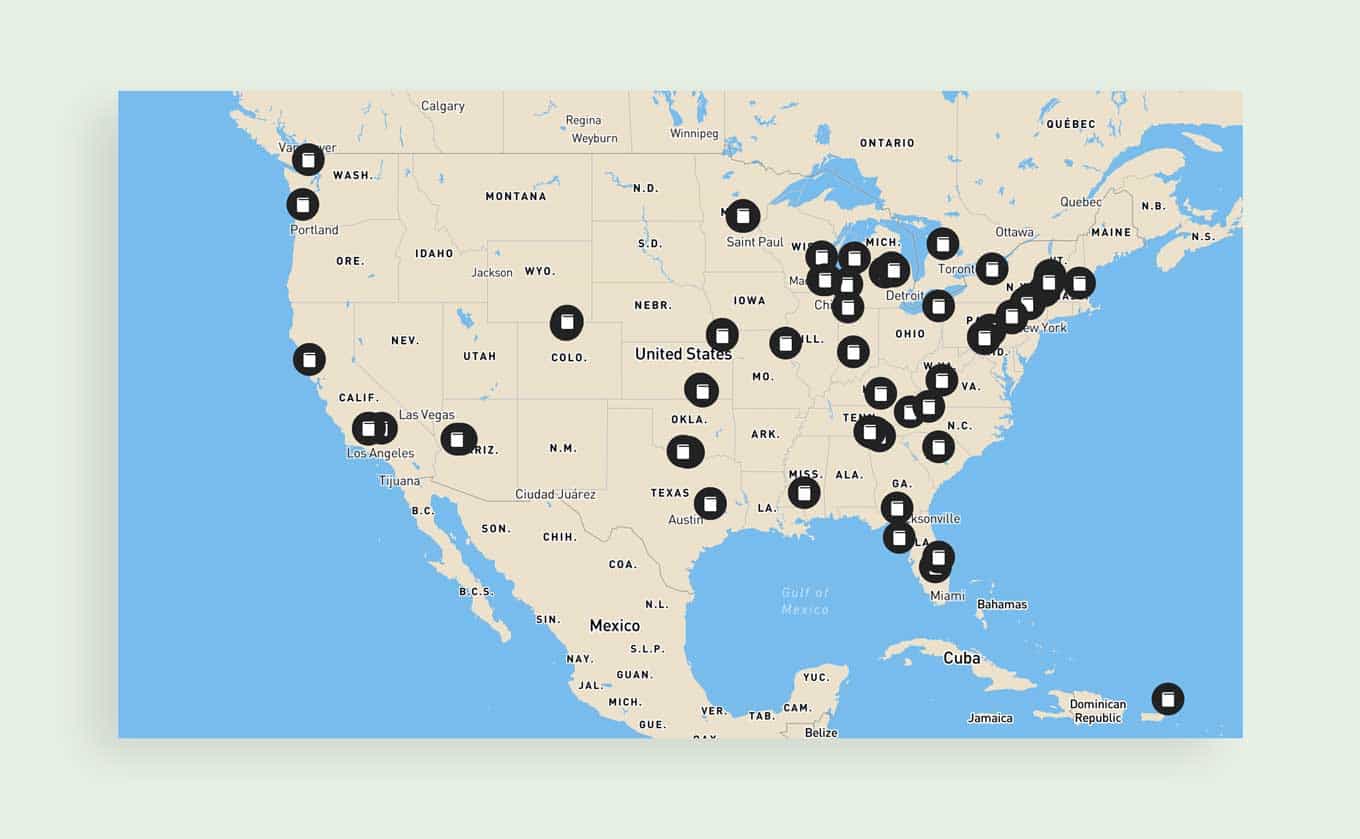 Map of Black-owned small and independent bookstores across the United States and North America