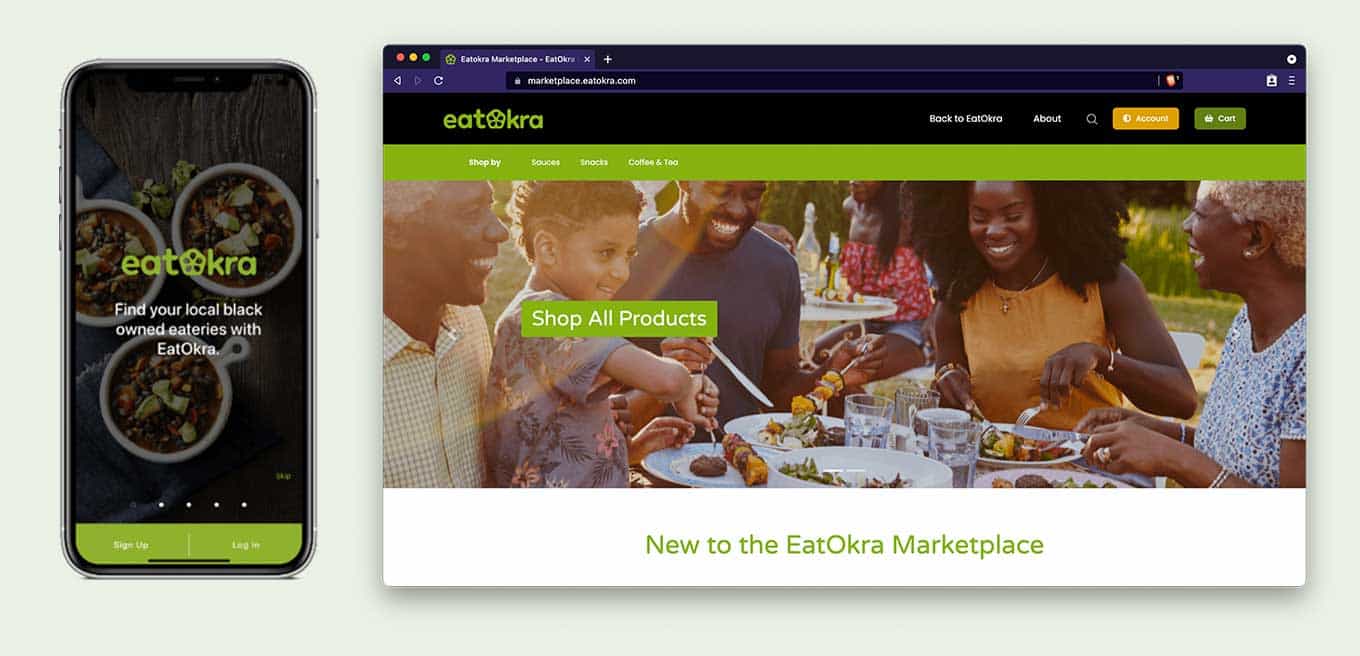 EatOkra App and Website Marketplace, with the text: Find your local black owned eateries with EatOkra