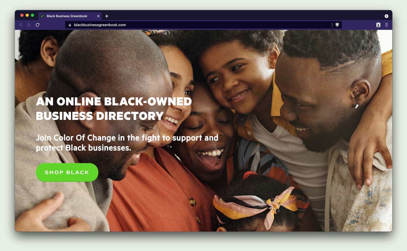 Black Business Green Book Database Directory Website, with the text: An online Black-owned business directory, Join Color of Change in the fight to support and protect Black businesses