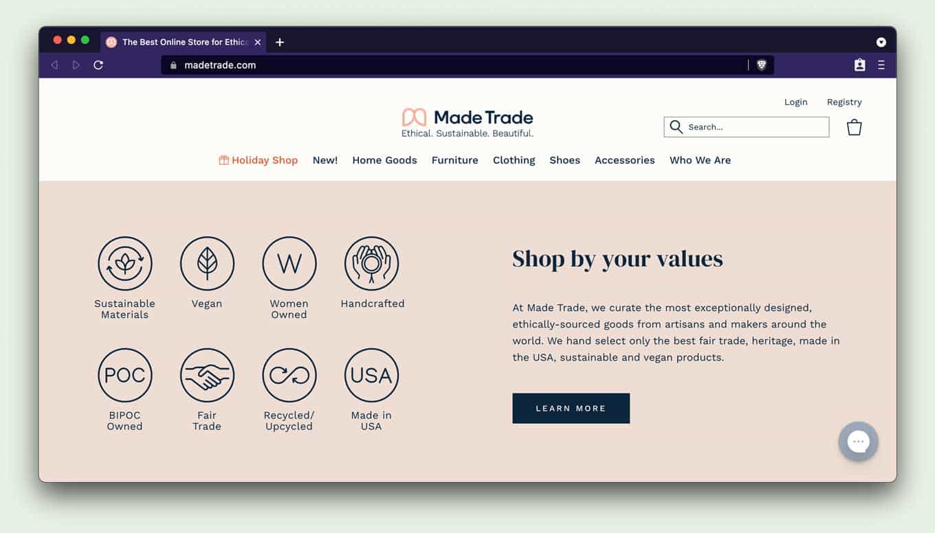 MadeTrade - Shop by your values - Sustainable Materials, Vegan, Woman Owned, Handcrafted, BIPOC-owned, Fair Trade, Recycled, Upcycled, and Made in USA