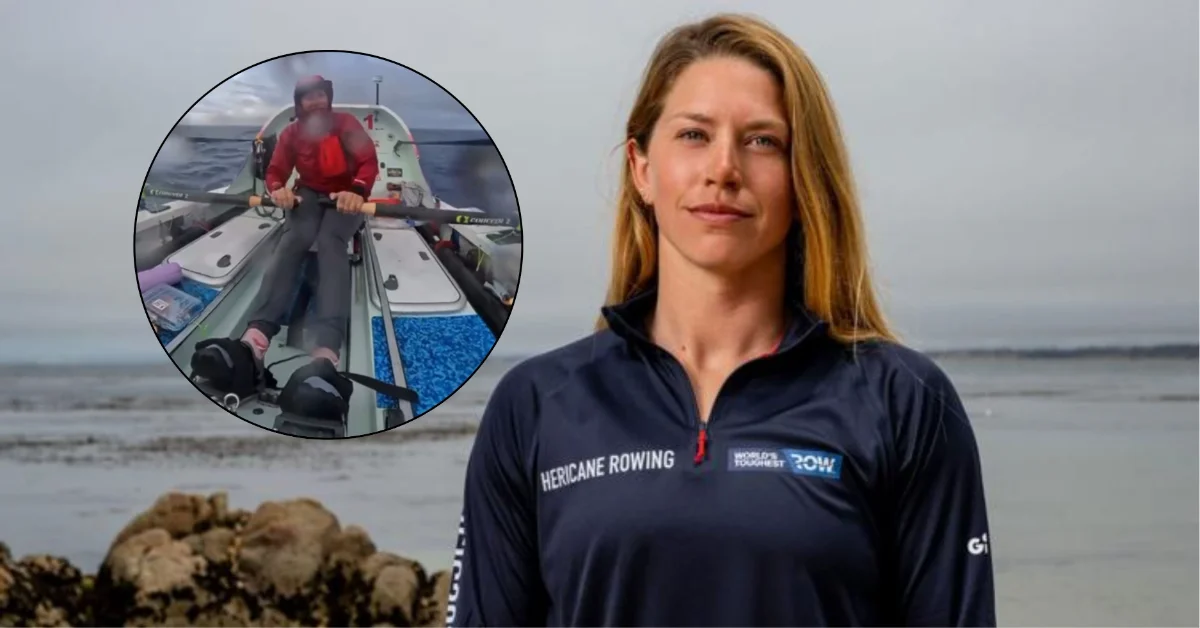 A woman wearing a Hurricane Rowing jacket smiles at the camera with an inset photo showing her rowing on open water, representing her participation in ocean rowing.