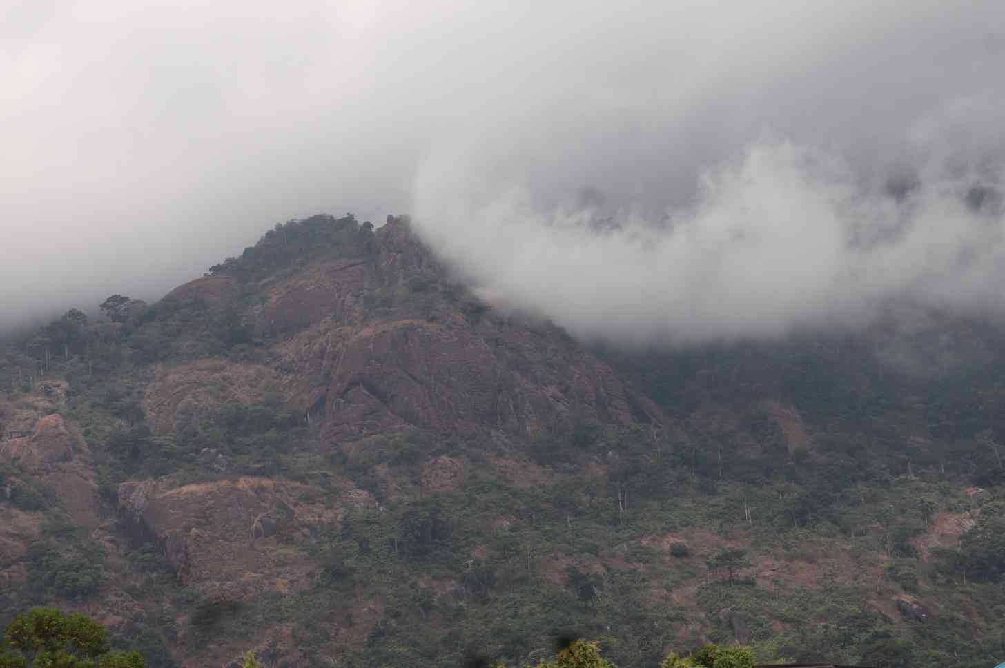 A morning view of Afi Mountain Wildlife Sanctuary from the Bouanchor community, with the rising cloud of mist settling like a slowly swirling smoke. Image by Orji Sunday for Mongabay.
