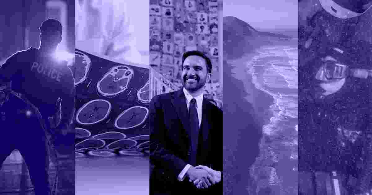 A photo collage of a policeman standing, brain scans, Mayor Zohran Mamdani shaking hands with another person, an aerial view of a shoreline next to the mountains, and a scuba diver underwater
