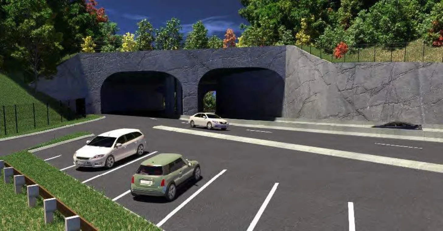 Two white cars and a green car parked in designated spaces on asphalt, with two large arched concrete tunnels beneath a hillside covered in trees in the background.