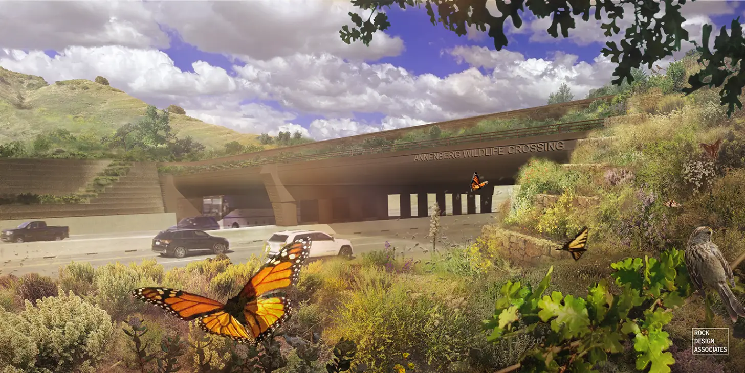 Architectural rendering of the Annenberg Wildlife Crossing, a concrete underpass beneath a highway with vehicles above and native vegetation, monarch butterflies, and a bird in the foreground.