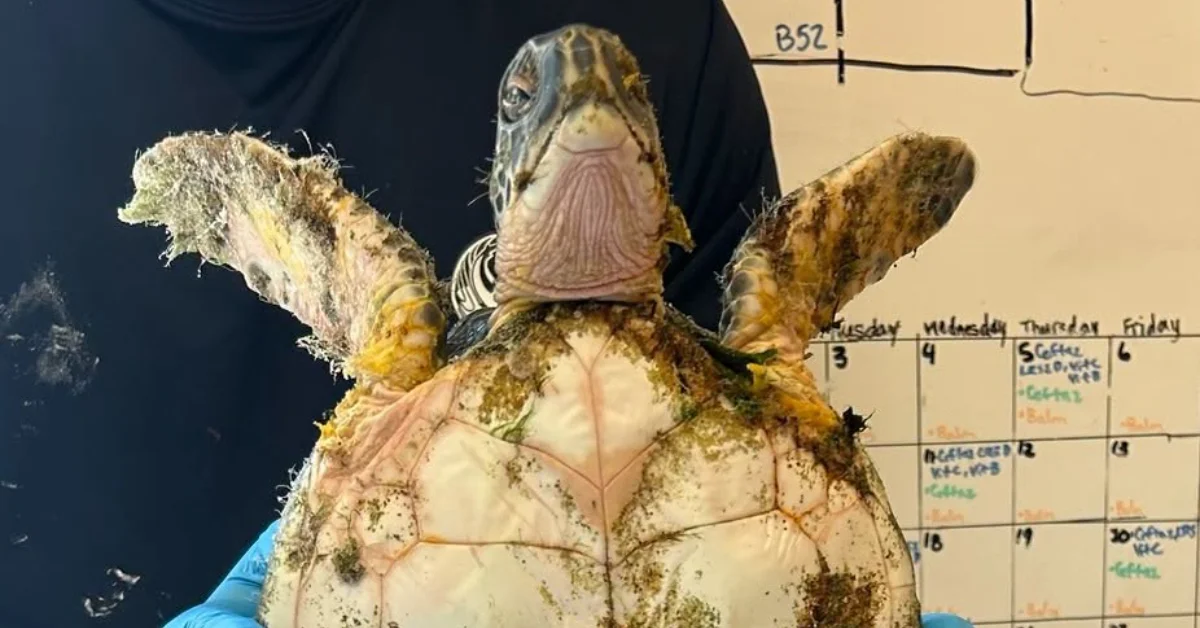 A sea turtle covered in seaweed and sediment is held up for display, showing its flippers and shell. A calendar is visible in the background.
