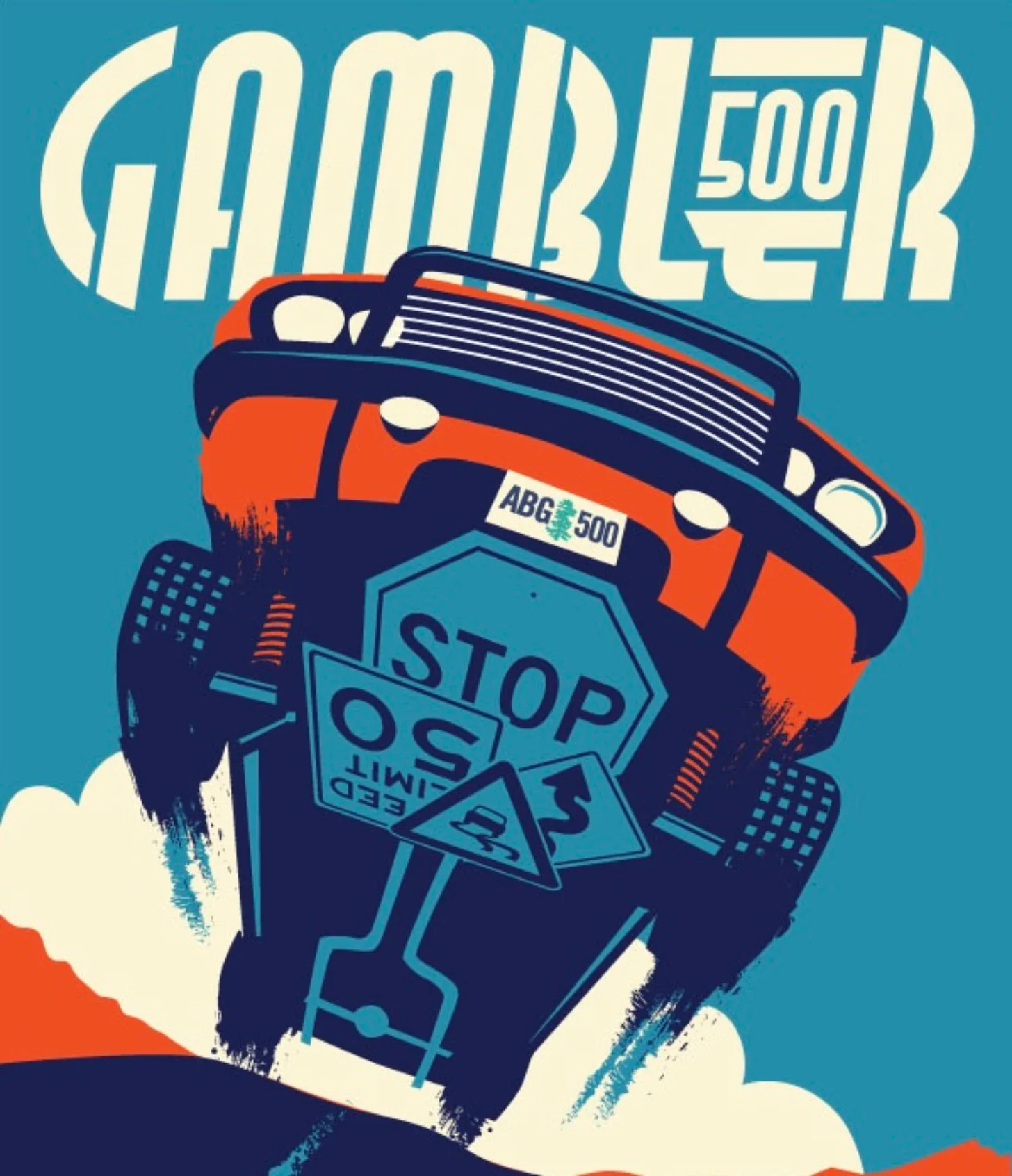 Red and blue vintage race car with "ABG 500" license plate and "STOP" sign on its side, against turquoise background with white text reading "GAMBLER 500" at top.