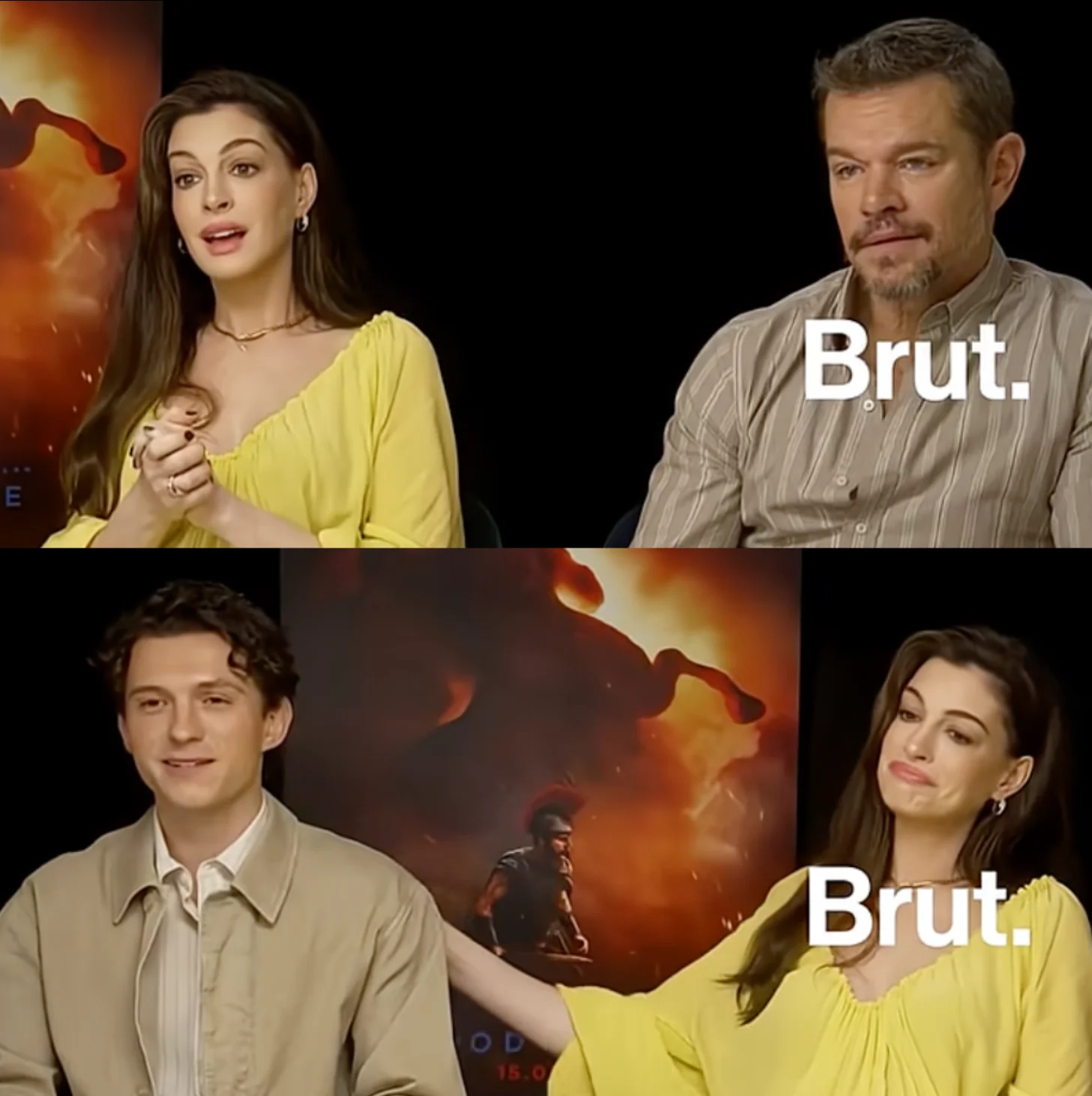 Three people, Tom Holland, Anne Hathaway, and Matt Damon in separate frames during an interview, expressing shock and gratitude. Text overlays read "Brut." in two frames. The Odyssey movie poster visible in background.