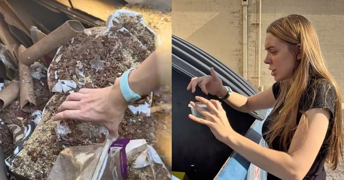 Left: hands holding compost material with leaves and debris. Right: woman in light blue shirt gesturing while speaking by a dumpster.