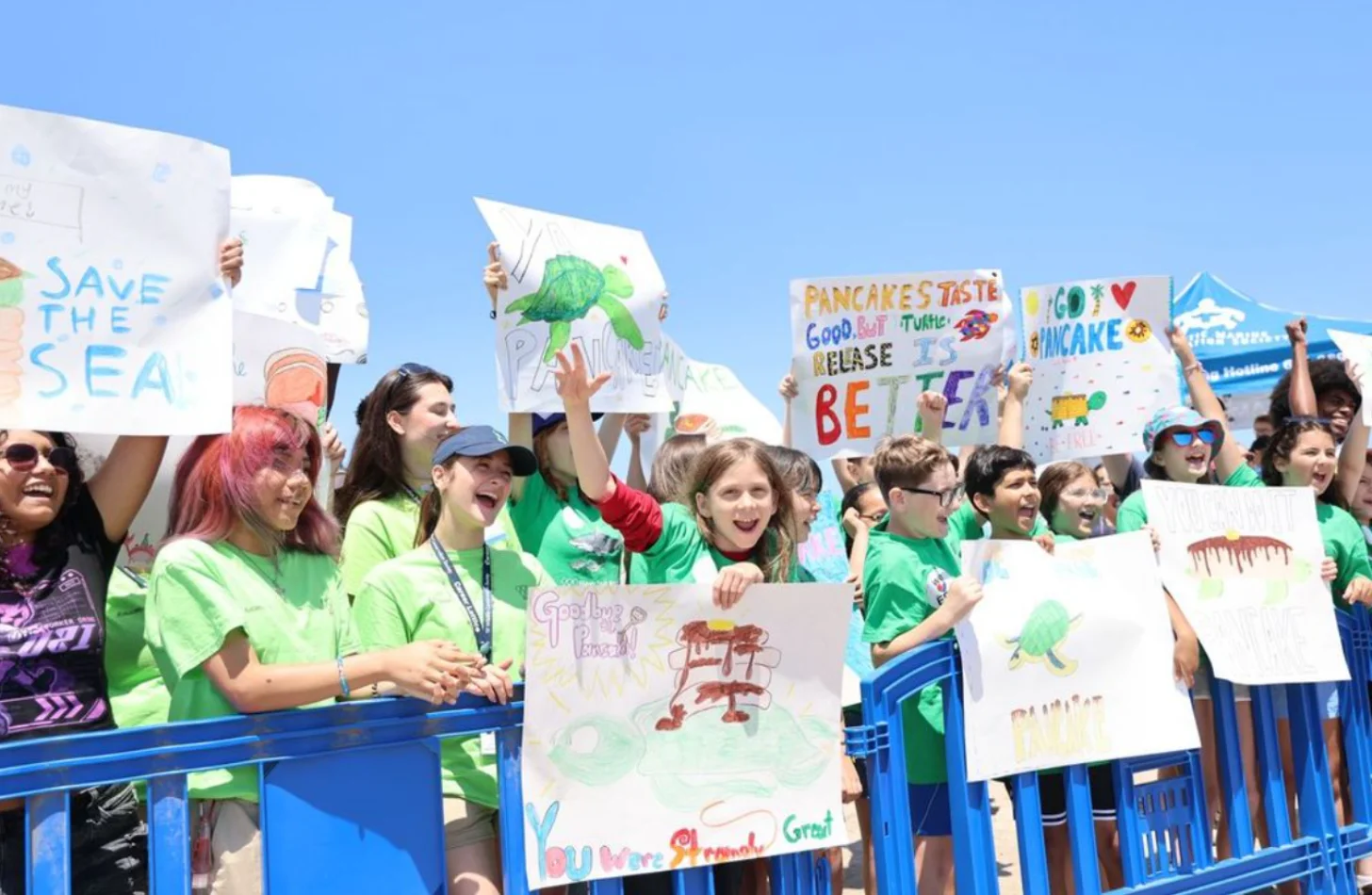 A group of children and adults in green shirts hold handmade signs along a blue barrier under a clear blue sky. Visible signs read "SAVE THE SEA," "PANCAKES TASTE GOOD BUT TURTLES RELEASE BETTER," and "I LOVE PANCAKE." The participants are smiling and cheering.
