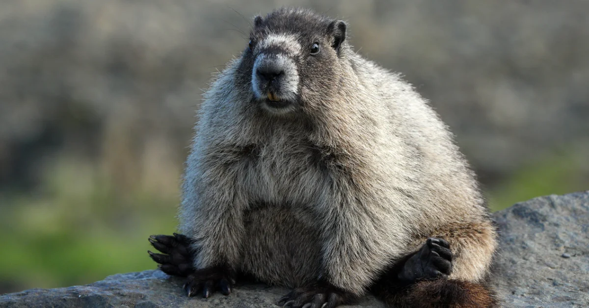 A marmot with gray and white fur sits on a rock, facing the camera with its mouth slightly open and front paws visible.