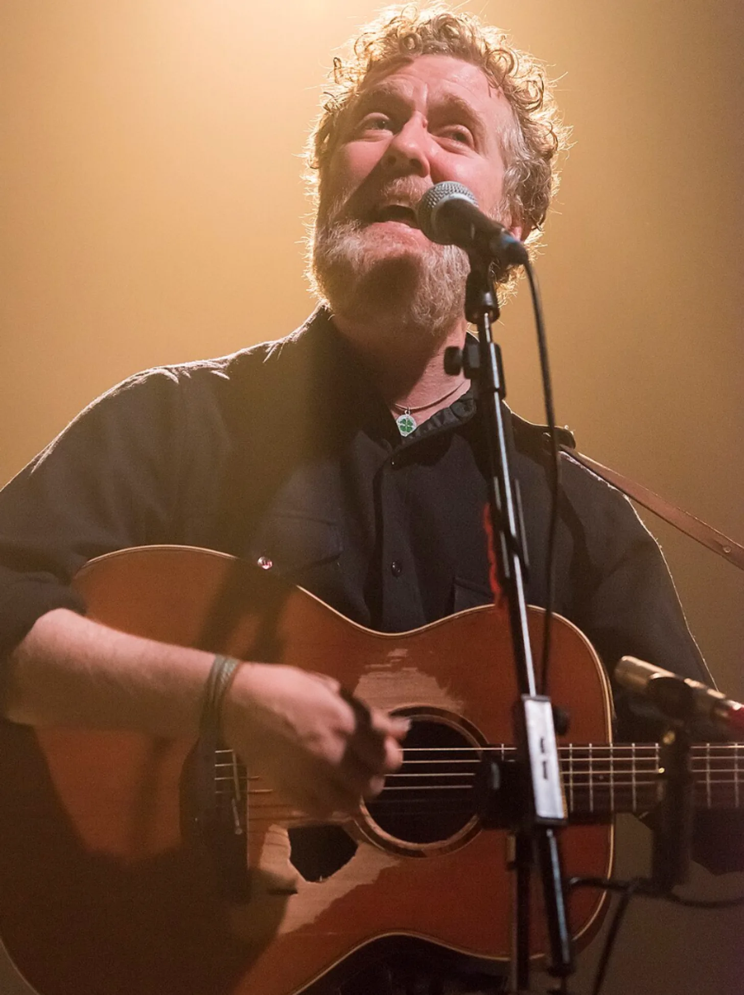 Glen Hansard pictured: A bearded man with curly hair plays an acoustic guitar while singing into a microphone against a warm, golden background.