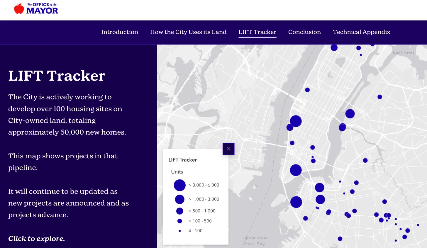 Map showing over 100 housing development sites across a city, with blue circles sized by unit count: largest sites have 3,000-6,000 units, smallest have 4-100 units. Legend indicates "LIFT Tracker" projects totaling approximately 50,000 new homes on city-owned land.
