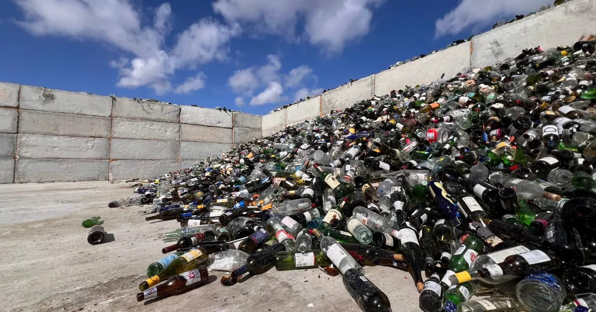 Large pile of glass bottles stacked against concrete walls in an outdoor facility under a blue sky with white clouds.
