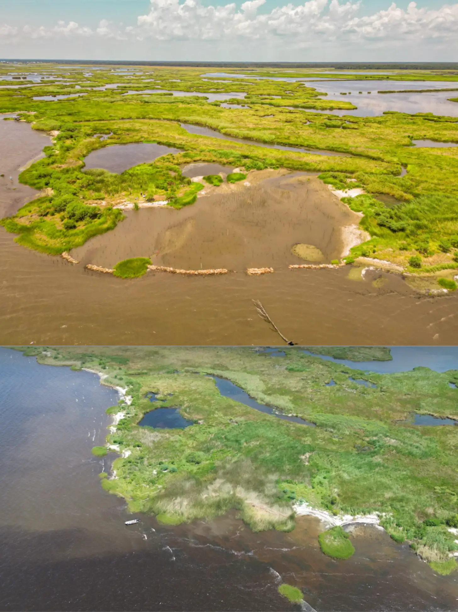 Aerial view of a coastal wetland with meandering waterways, green marsh vegetation, and tan-colored water channels. Lower panel shows a similar wetland area from a different angle with darker water and scattered blue ponds among green grasses.