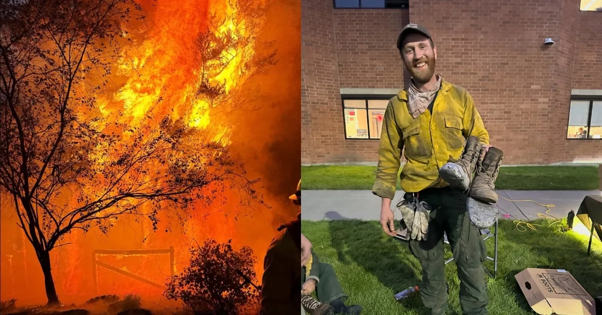 Split image showing a wildfire with intense orange flames on the left, and on the right a man in a yellow shirt and work boots holding gloves while standing on grass in front of a brick building.