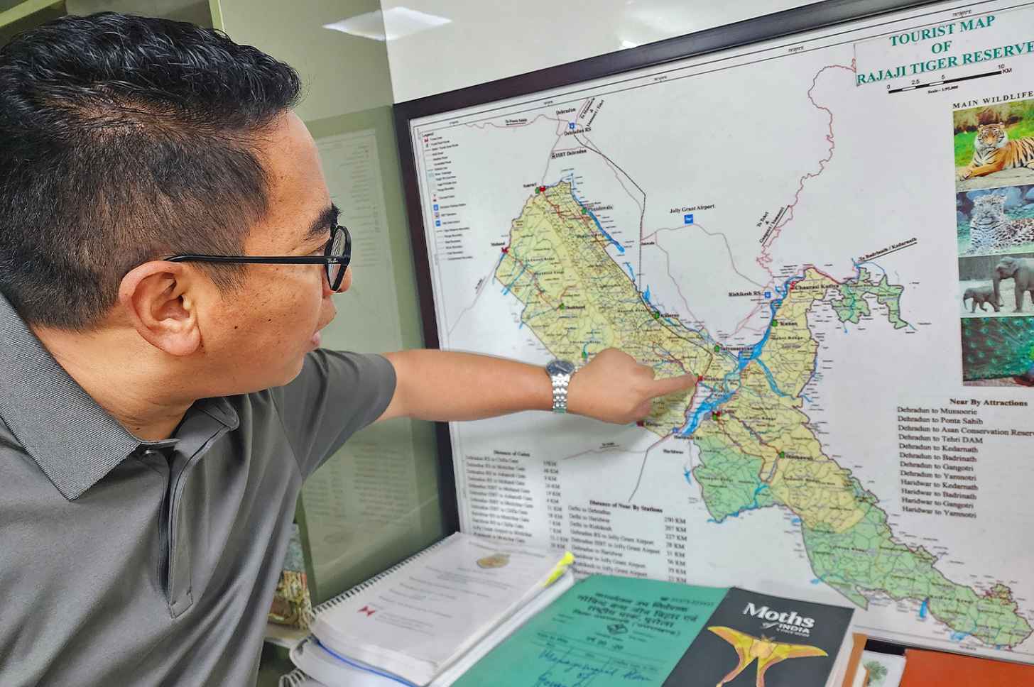 Rajaji Tiger Reserve director Koko Rose points to the location of an overpass that allows wildlife to move safely beneath National Highway 72, which bisects the park. Nirmal Ghosh/Mongabay