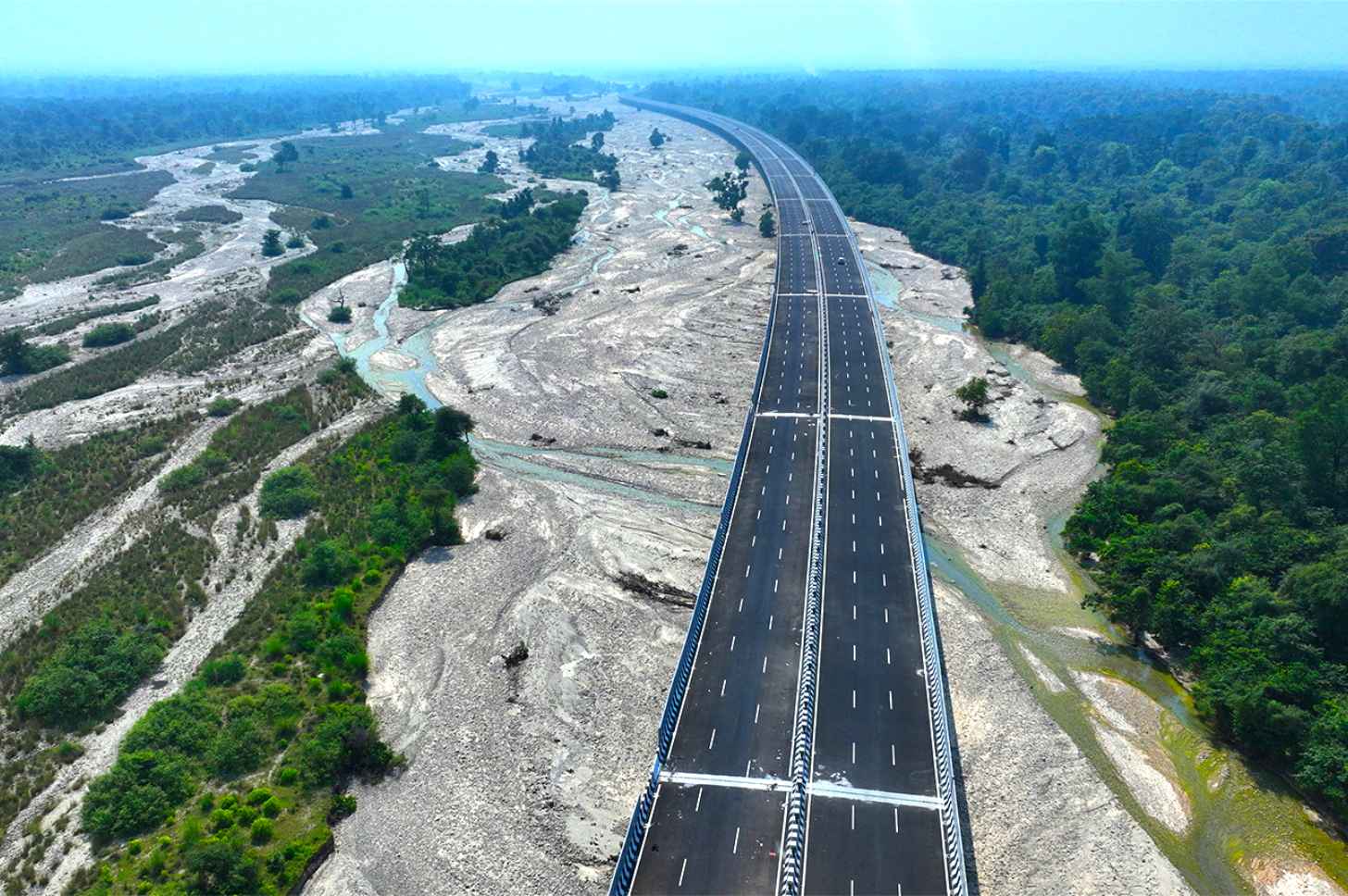 An aerial view of Ganeshpur section of the Delhi-Dehradun Expressway, which has the longest wildlife underpass in Asia beneath it. Courtesy of Wildlife Institute of India.
