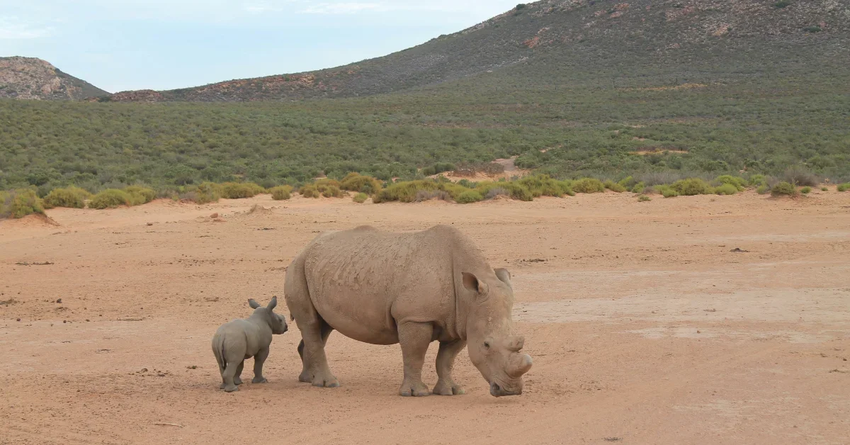 An adult rhinoceros and a young rhinoceros stand on sandy ground with sparse vegetation and mountains in the background.