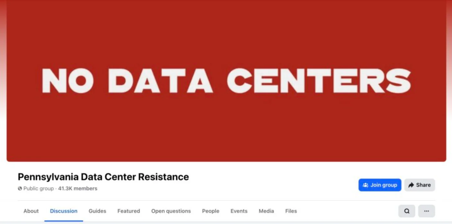Screenshot of a Facebook group page titled "Pennsylvania Data Center Resistance" with a red banner displaying "NO DATA CENTERS" in white text. The group is listed as public with 41.3K members.