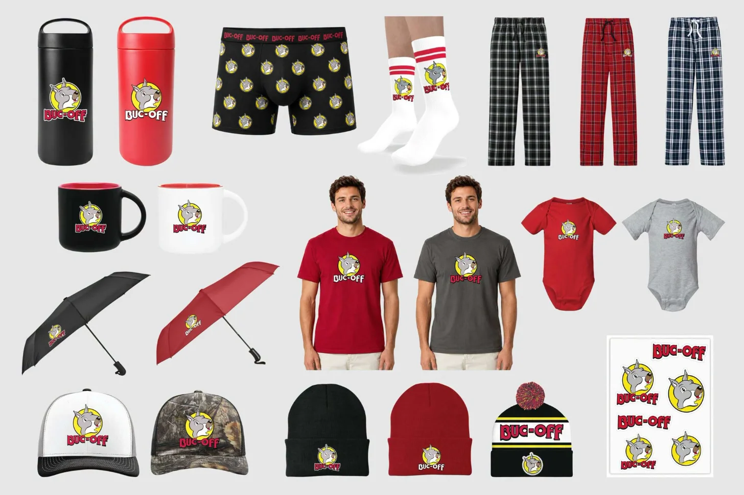A collection of merchandise featuring a cartoon character mascot logo labeled "BUC-OFF" includes drinkware, clothing, and accessories in red, black, and gray. Items shown are thermoses, mugs, boxer shorts, socks, pajama pants, t-shirts, onesies, umbrellas, baseball caps, beanies, and sticker sheets.
