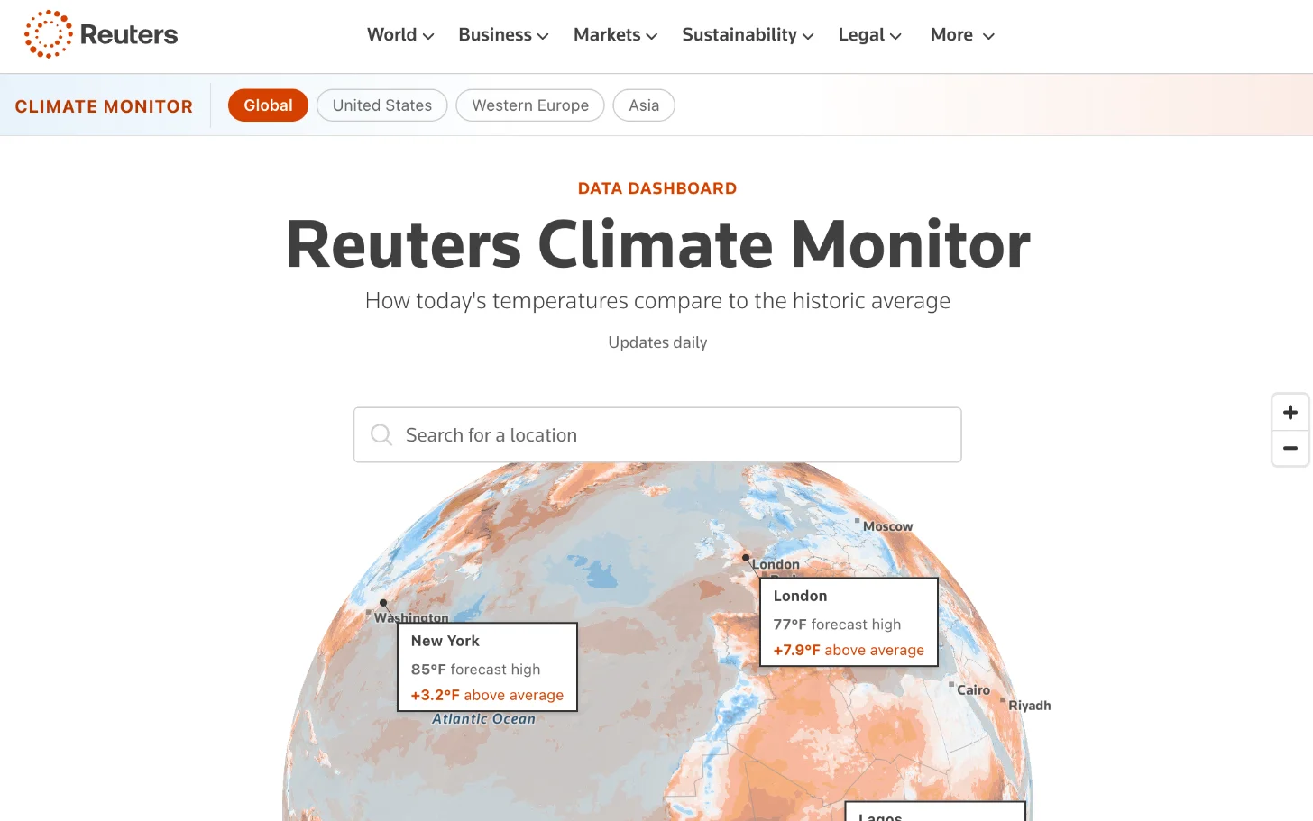Reuters Climate Monitor data dashboard showing a global temperature map with three location cards: New York at 85°F forecast high, +3.2°F above average; London at 77°F forecast high, +7.9°F above average; and a partially visible third location. Search bar and zoom controls visible.