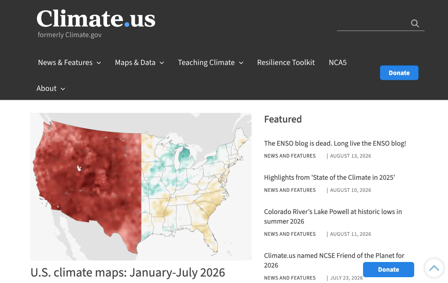 U.S. climate map for January-July 2026 showing temperature anomalies across the continental United States, with the western states displayed in red and central and eastern regions in shades of green, tan, and beige.