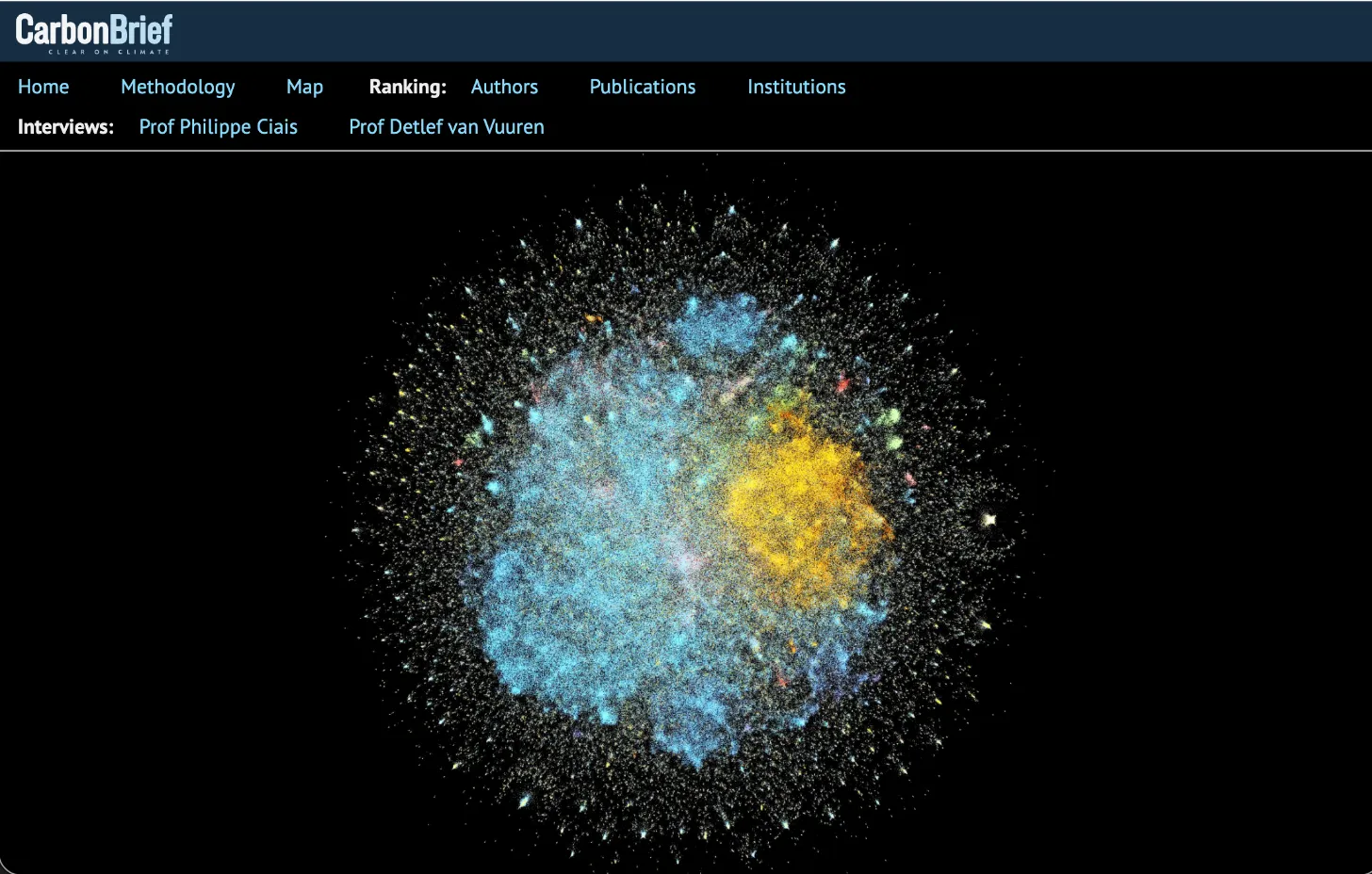 Spherical network visualization with cyan, yellow, and white particles connected by lines against a black background, resembling a three-dimensional data cluster or molecular structure.