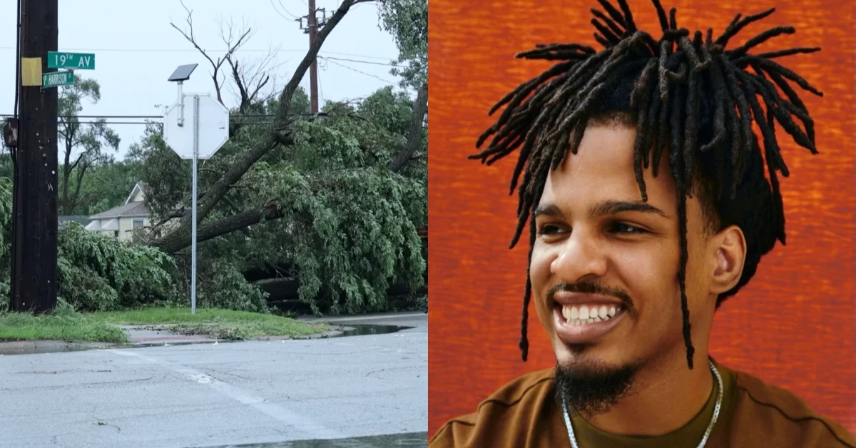 Left: Street corner at 19th Avenue showing downed tree branches, street sign, and solar light. Right: Person with black dreadlocks smiling against an orange brick wall.