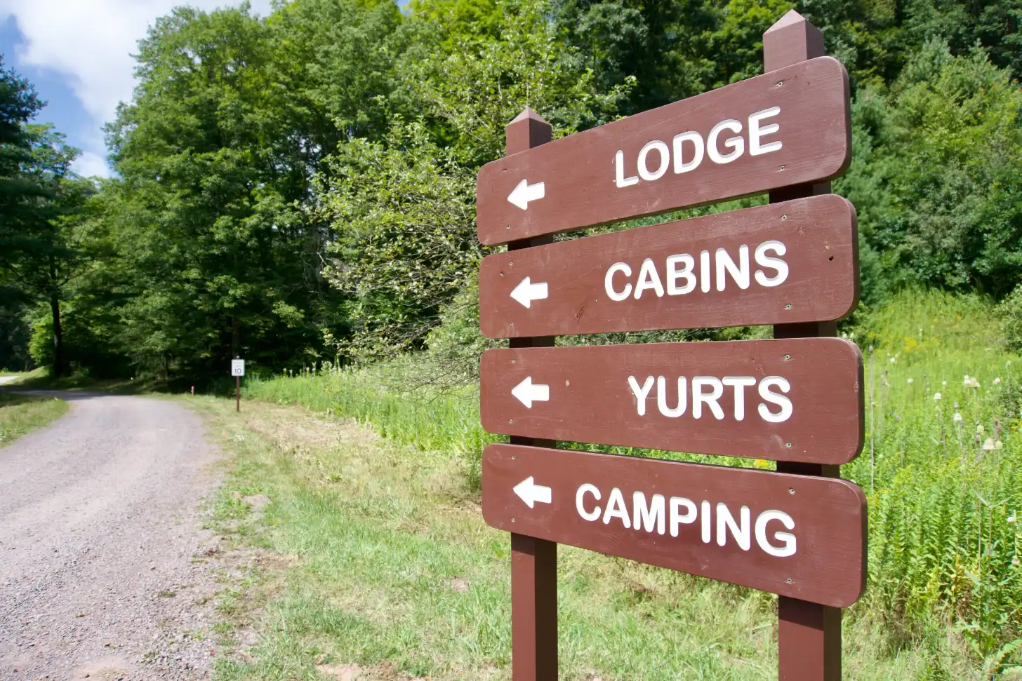 A brown wooden directional sign with white text and arrows pointing left displays four stacked panels reading "LODGE," "CABINS," "YURTS," and "CAMPING." A gravel road and dense green trees are visible in the background.