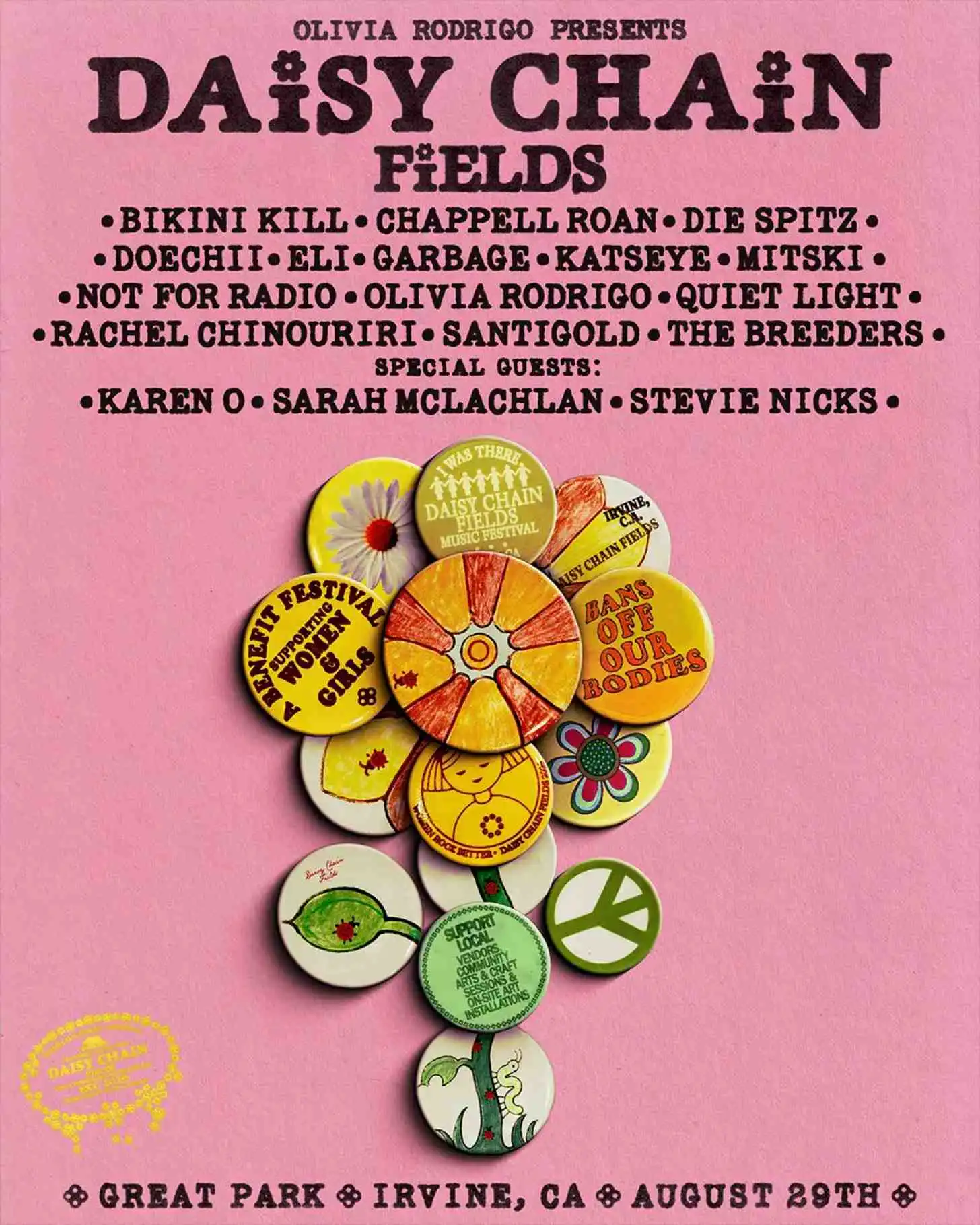 Pink poster for Daisy Chain Fields Music Festival featuring Olivia Rodrigo and listed performers including Bikini Kill, Chappell Roan, Die Spitz, and others. A stylized daisy made of circular badges with yellow, orange, green, and white sections is centered on the poster. Text states the event is August 29th at Great Park in Irvine, CA.