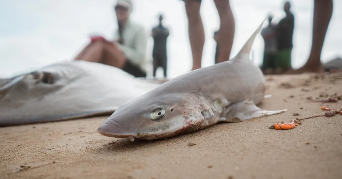 A shark lies on wet sand near the shore with several people standing nearby observing it.