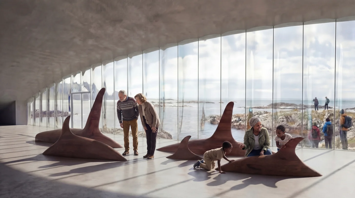 Brown sculptural forms resembling orca whales inside a modern glass-walled gallery overlooking a coastal landscape; visitors, including children, interact with and explore the sculptures while viewing the water and rocky terrain beyond the windows.