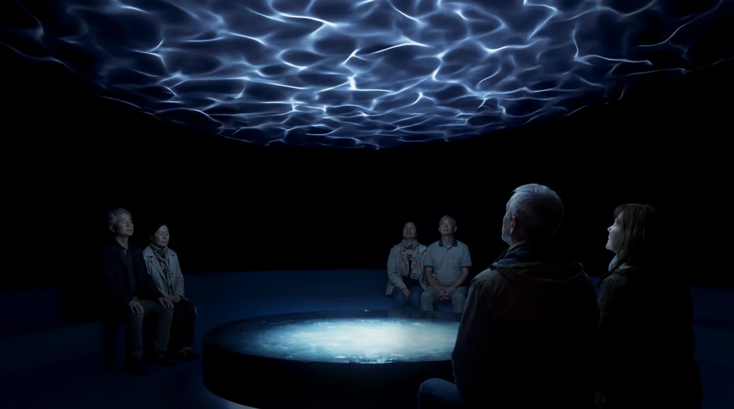 Six people stand in a circle around a glowing blue-white pool of light on the ground, with electrical patterns crackling across a dark ceiling above them.