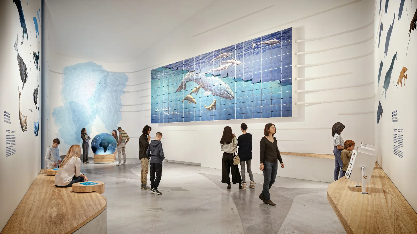 Museum exhibition space with visitors viewing large wall displays of marine life and a spherical globe installation, wooden benches along the floor, and informational panels on white walls.