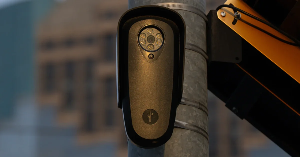 A brass-colored security camera mounted on a metal pole, featuring a circular lens array at the top. An orange metal arm extends from the right side of the frame.